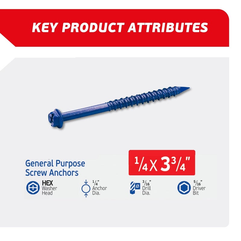 FixMaster 1/4 x 3-3/4" Hex Head Blue Concrete Screw Anchors (100 pcs Screw Kit) with one Screwdriver and Drill Bit for Concrete, Masonry, Block, Brick and Wood Fastening - Image 2